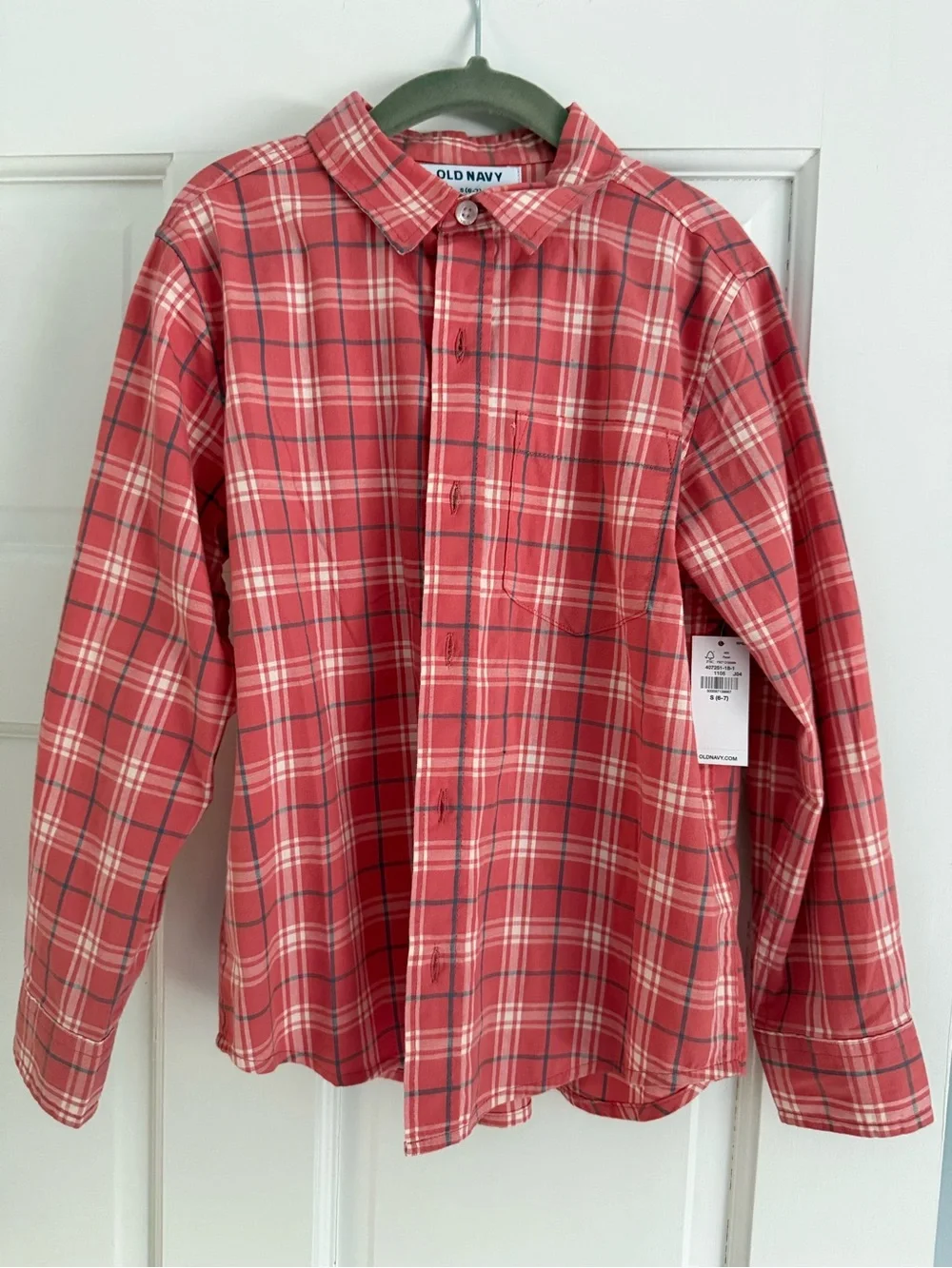 Old Navy Coral Red Plaid Long-Sleeve Button-Down Shirt
